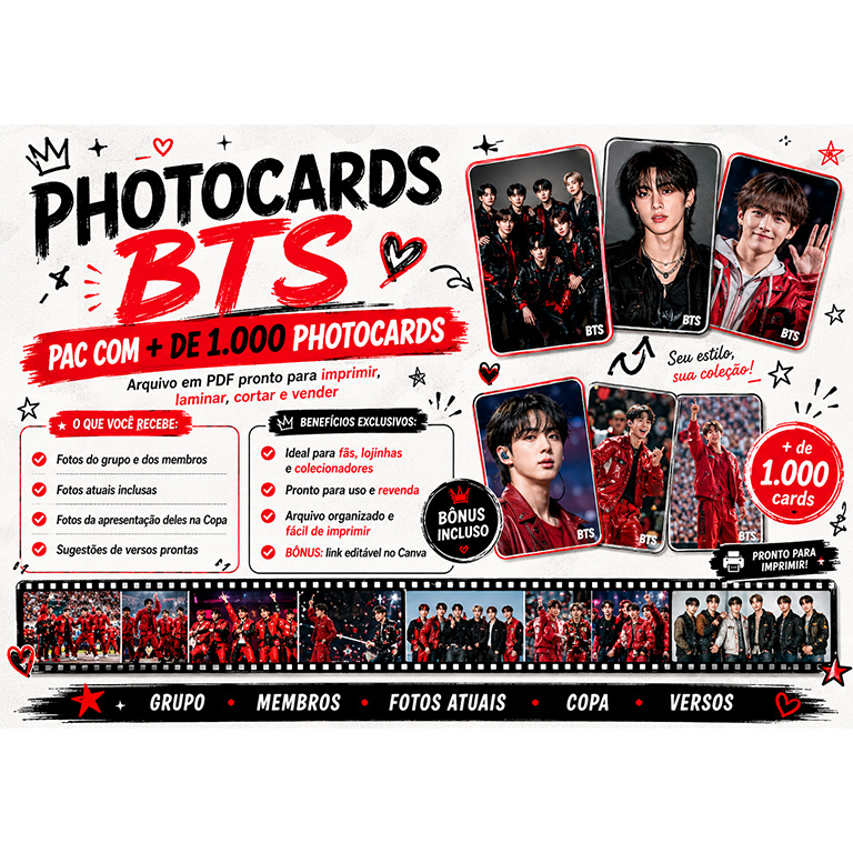 Kit BTS com + de 1.000 Photocards em PDF + Modelo Editável no Canva